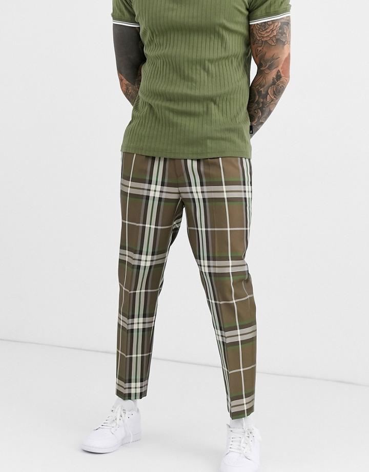 Asos Design Tapered Smart Pants In Oversized Brown Check With Carabiner