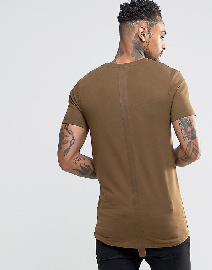 Asos Longline Muscle T-shirt With Tape Spine In Khaki - Green
