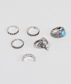 Asos Design Chunky Ring Pack With Eagle And Stones In Burnished Silver - Silver