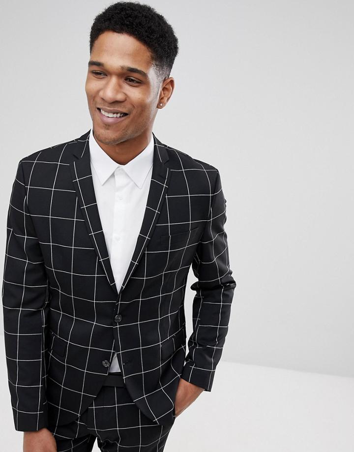 Selected Homme Slim Fit Suit Jacket In Panel Grid - Black