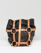Sacred Hawk Leather Harness Cross Body Bucket Bag - Black