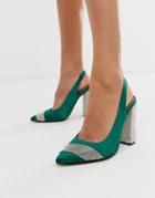 Asos Design Presence Embellished Block Heeled High Shoes In Green Satin - Green