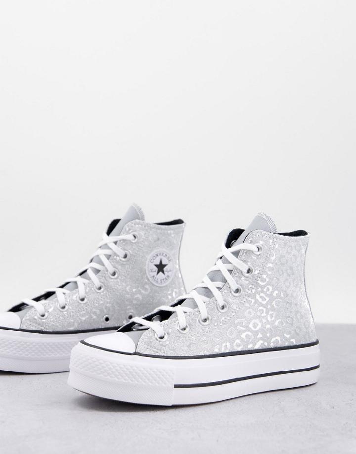 Converse Chuck Taylor All Star Hi Lift Glitter Leopard Platform Sneakers In Silver
