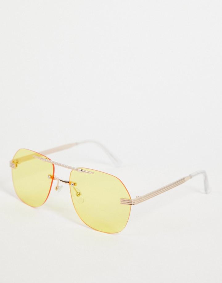 Asos Design Rimless Aviator Sunglasses With Yellow Lens In Gold