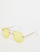 Asos Design Rimless Aviator Sunglasses With Yellow Lens In Gold