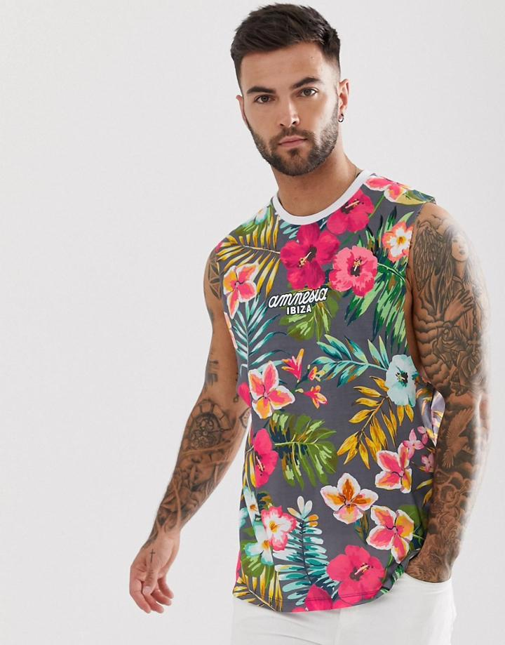 Asos Design Amnesia Ibiza Sleeveless T-shirt With Dropped Armhole In Floral Print-multi