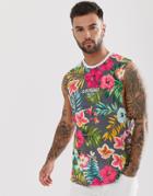 Asos Design Amnesia Ibiza Sleeveless T-shirt With Dropped Armhole In Floral Print-multi