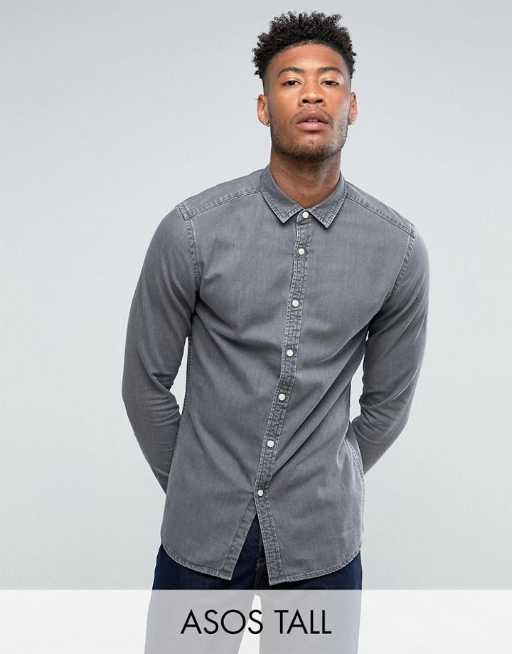 Asos Tall Skinny Denim Shirt In Gray - Gray
