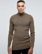 Asos Longline Rib Knitted Turtleneck In Muscle Fit - Brown