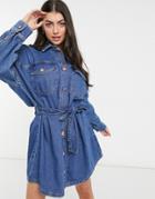 River Island Denim Belted Mini Shirt Dress In Mid Auth Blue-blues