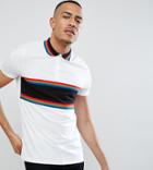 Asos Design Tall Polo Shirt With Cut And Sew Body Panel And Rainbow Tipping In White - White
