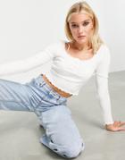 Miss Selfridge Long Sleeve Wide Scoop Neck Button Detail Top-white