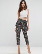 Asos Black Floral Tie Waist Pants - Black