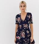 Parisian Petite Floral Print V-front Tea Dress-navy