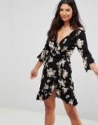 Club L 3/4 Sleeve Detailed Wrap Black Floral Day Dress