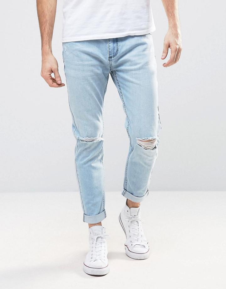 Rollas Rollies Stretch Slim Jean Rolled Hem Ripped Knees Bleach Wash - Blue