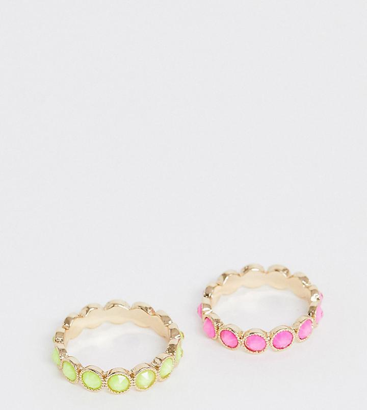 Asos Design Curve Pack Of 2 Rings With Neon Crystals In Gold Tone