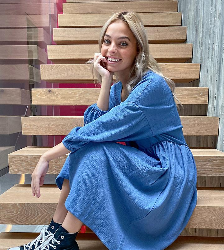 Asos Design Petite Oversized Textured Smock Midi Dress In Blue