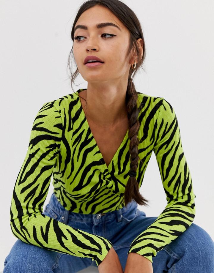 Bershka V Neck Top In Tiger Print - Green