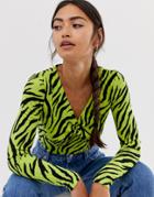 Bershka V Neck Top In Tiger Print - Green