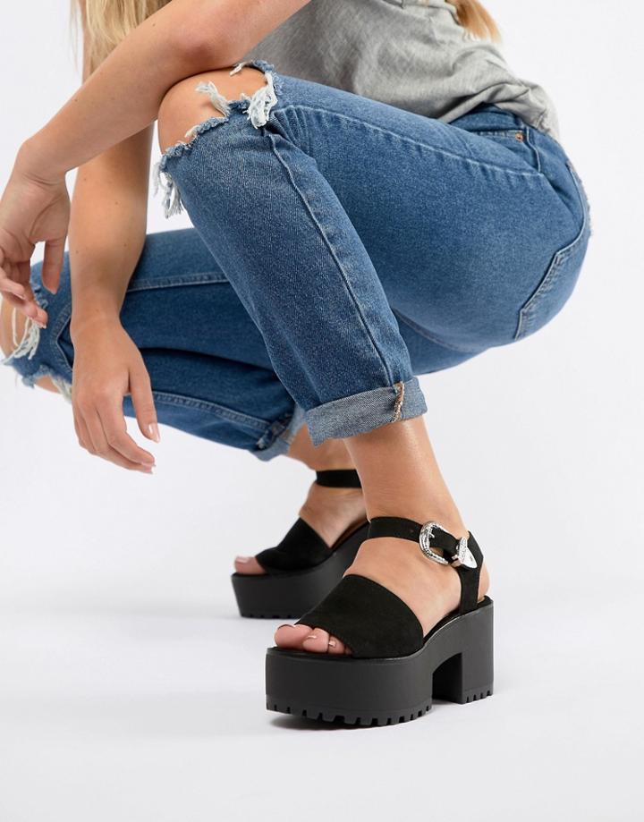 Pull & Bear Two Part Western Buckle Chunky Sandals In Black - Black