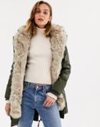 River Island Parka Coat With Faux Fur Inner In Khaki-green