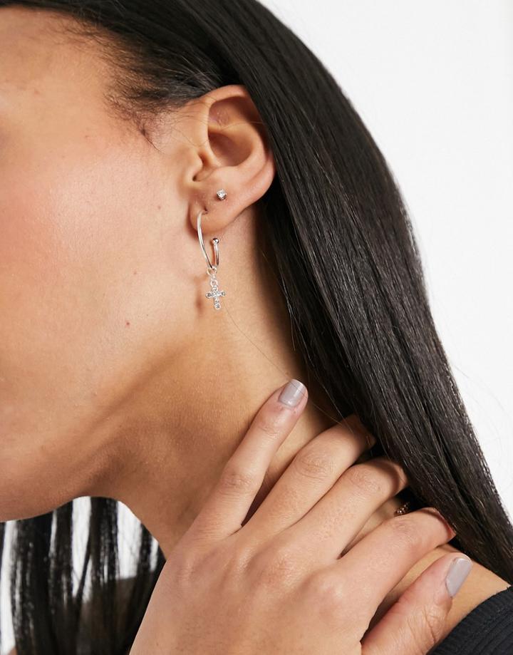 Pieces Hoop Earrings With Cross Charms In Silver