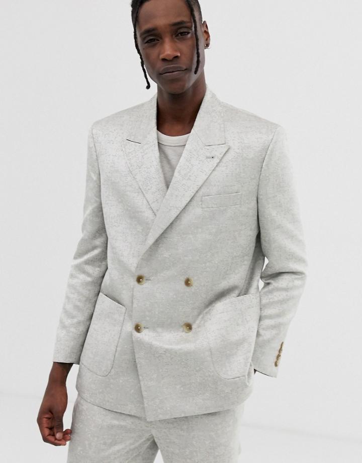 Asos Design Boxy Double Breasted Suit Jacket In Silver Jacquard - Silver