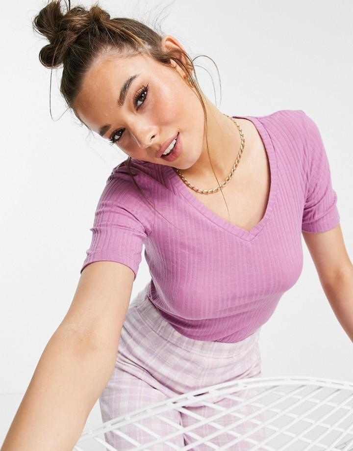 Brave Soul Amy Ribbed V Neck T-shirt-purple