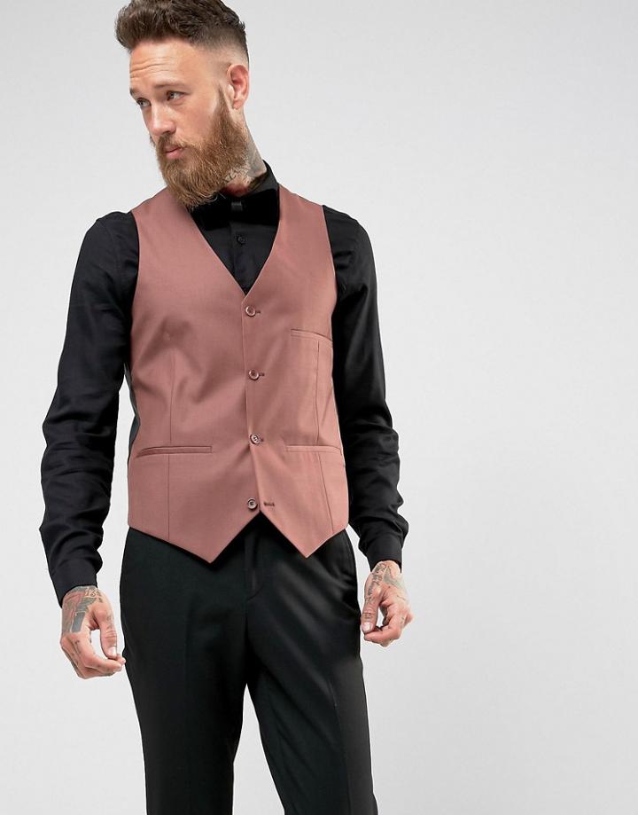 Asos Wedding Vest In Light Burgundy 100% Wool - Red