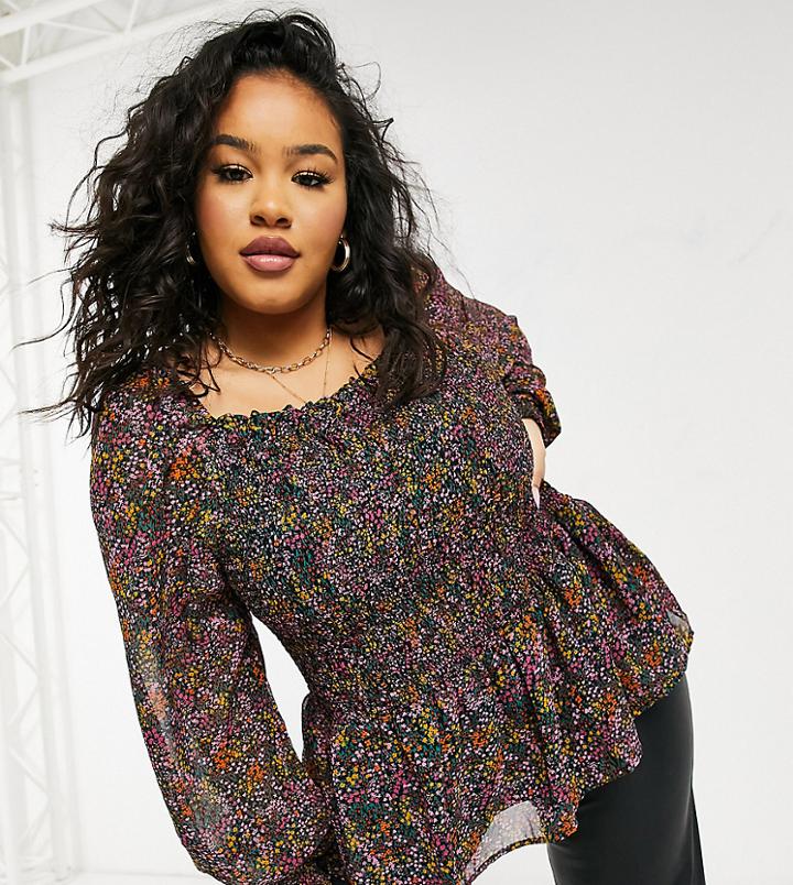 Only Curve Top With Shirred Bodice And Square Neck In Playful Floral-multi