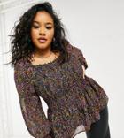 Only Curve Top With Shirred Bodice And Square Neck In Playful Floral-multi