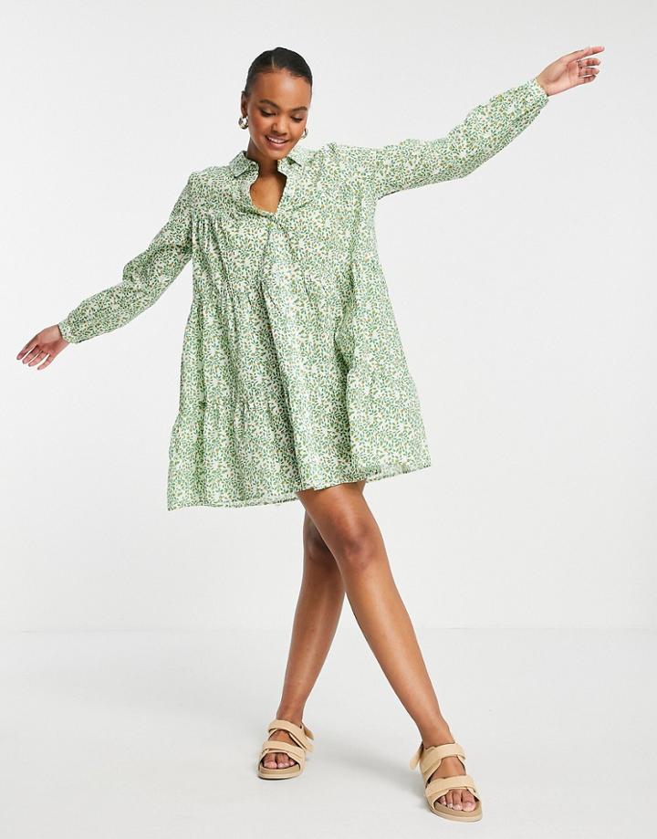 Pieces Shirt Smock Dress In Green Floral Ditsy Print-multi