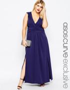 Asos Curve Crepe Ruched Maxi Dress With Mesh - Navy