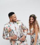 Asos Plus Wedding Super Skinny Suit Jacket In Champagne Floral - Cream