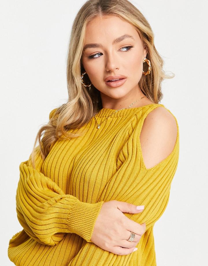 Femme Luxe Cold Shoulder Sweater In Mustard-yellow