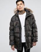 Brave Soul Padded Camo Parka With Faux Fur Hood - Green