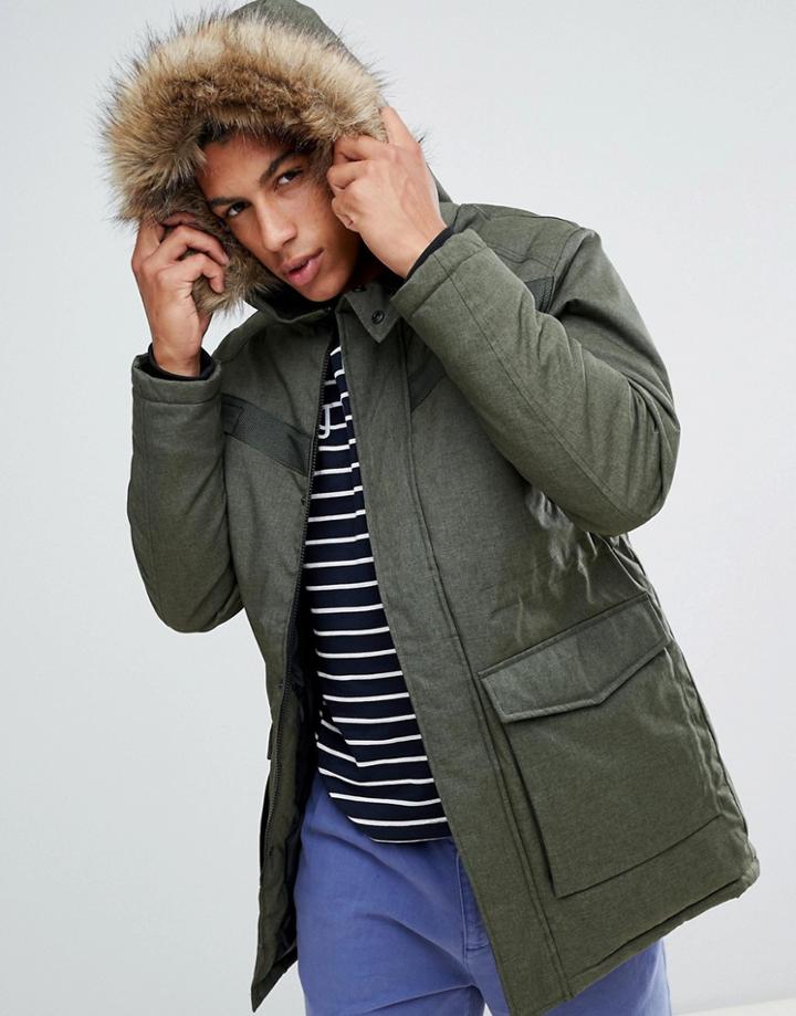 Jack & Jones Core Parka With Faux Fur Hood And Hand Warmer Pockets - Green