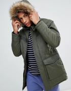 Jack & Jones Core Parka With Faux Fur Hood And Hand Warmer Pockets - Green