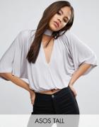 Asos Tall Top In Slinky With Choker Plunge Neck - Gray