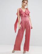 True Violet Ruffle Satin Jumpsuit - Pink