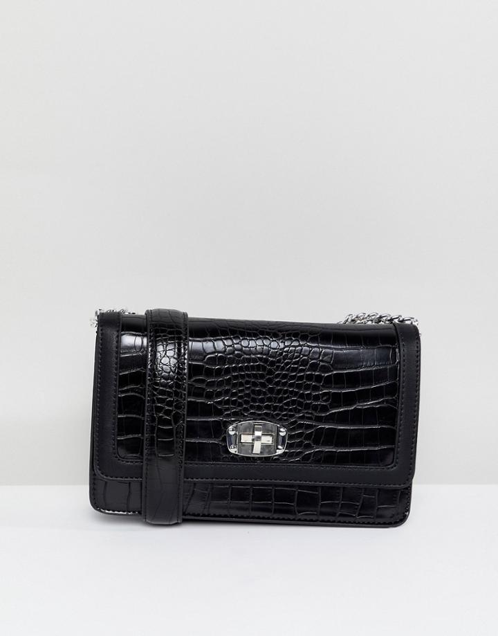 Stradivarius Croc Bag With Twist Lock Detail - Black