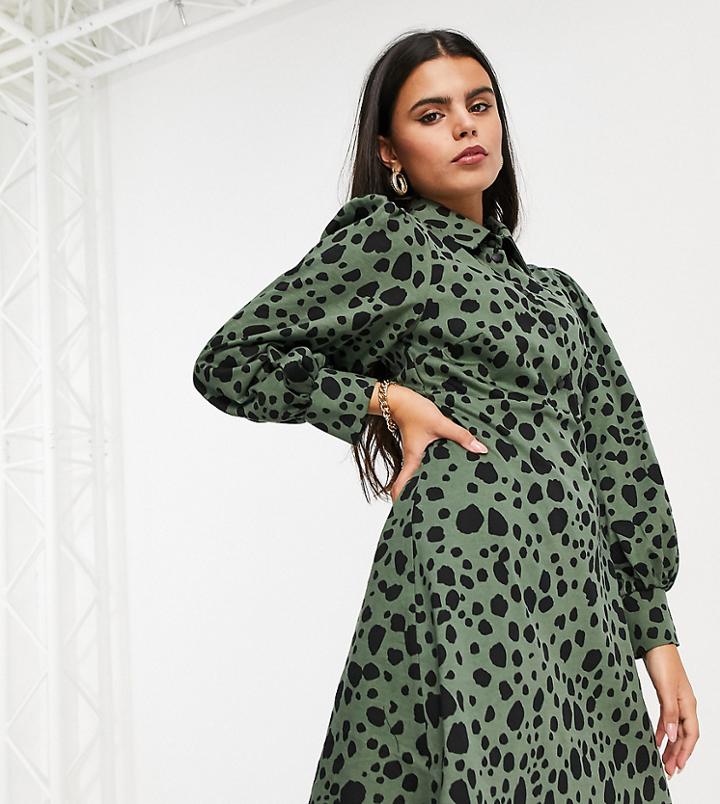 Asos Design Petite Mini Shirt Dress In Khaki And Black Leopard Print-multi