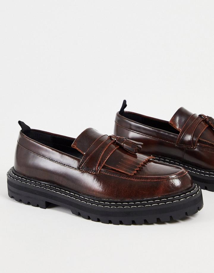 Asos Design Loafers In Brown Leather With Chunky Sole And Contrast Stitch