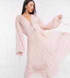 Asos Design Tall Pleated Midi Dress With Drawstring Waist And Balloon Sleeves In Chevron Textured Mesh In Pink
