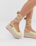 Lost Ink Lace Up Espadrille Platform Heeled Sandal In Lemon - Yellow