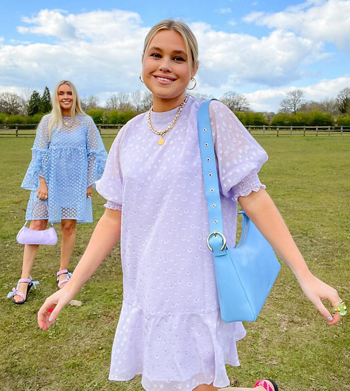 Labelrail X Olivia & Alice Mini Smock Dress With Peplum Hem In Textured Spot-purple