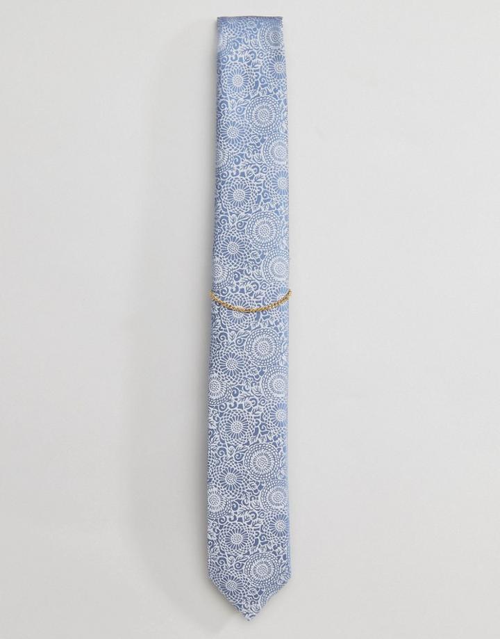Noose & Monkey Floral Tie With Chain - Blue