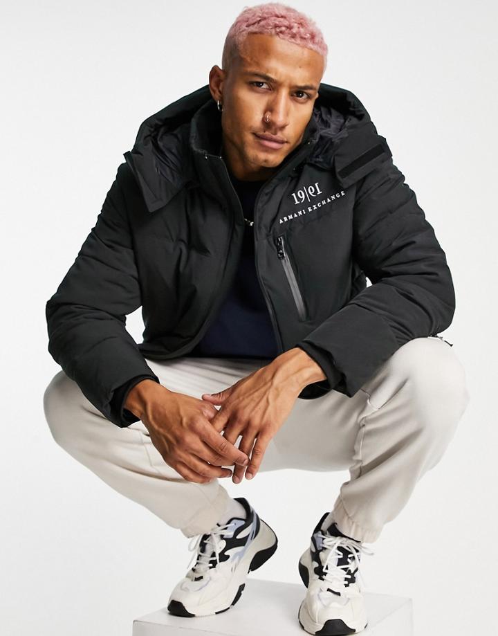 Armani Exchange Small Text Logo Puffer Jacket In Black