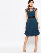Elise Ryan Midi Prom Dress With Sweetheart Lace Top - Navy